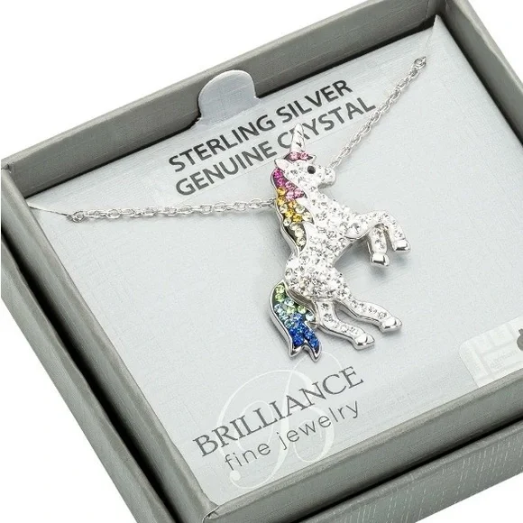 925 Sterling Silver Unicorn Necklace With Multicolor Genuine Crystal Accents - Picture 2 of 2
